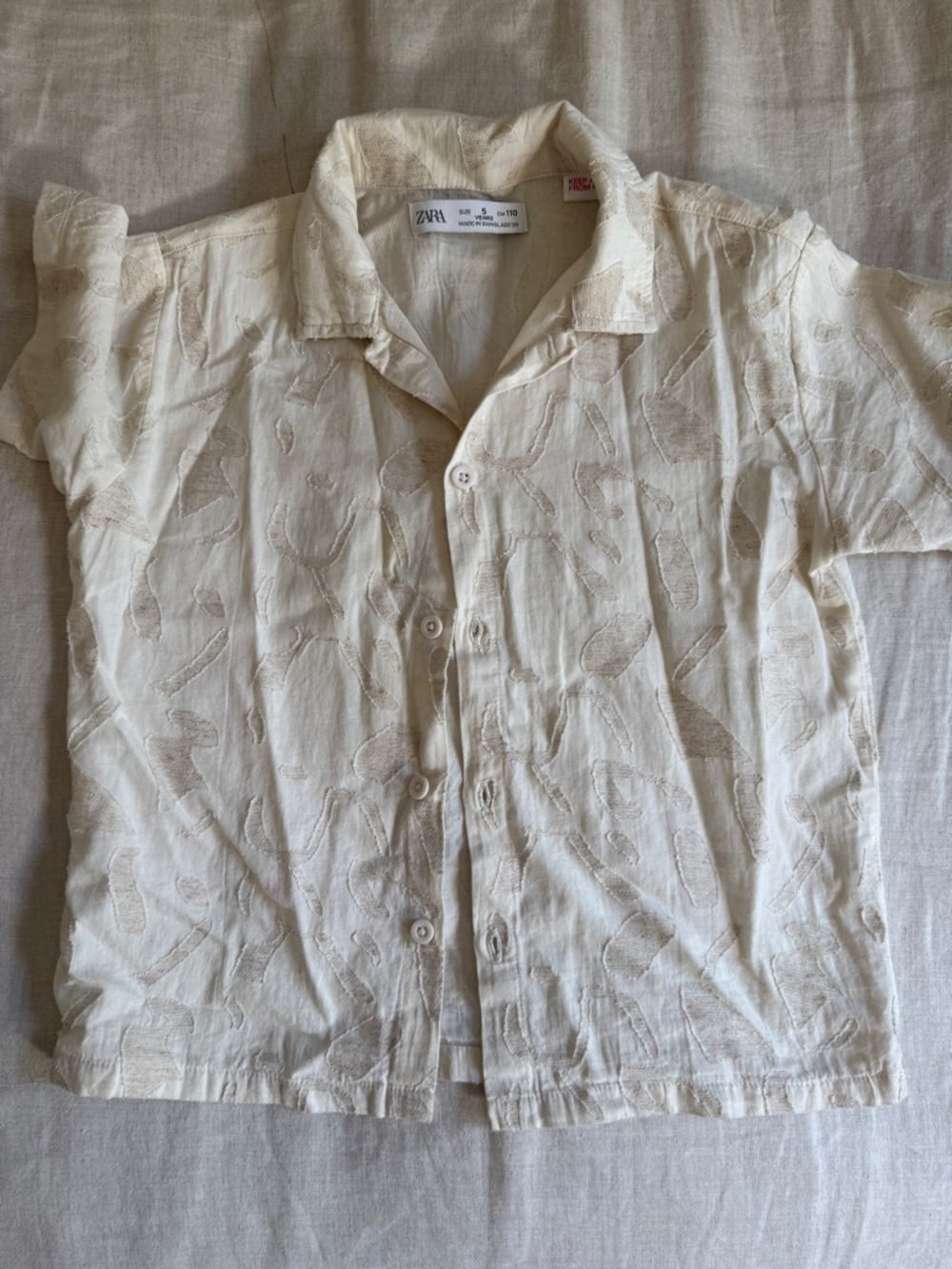 Zara Cream Short-Sleeve Textured Button-Down Shirt